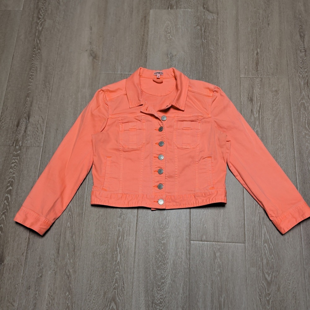 Express Denim Jacket Womens L Bright Coral Orange Cropped Trucker Button Up Y2K